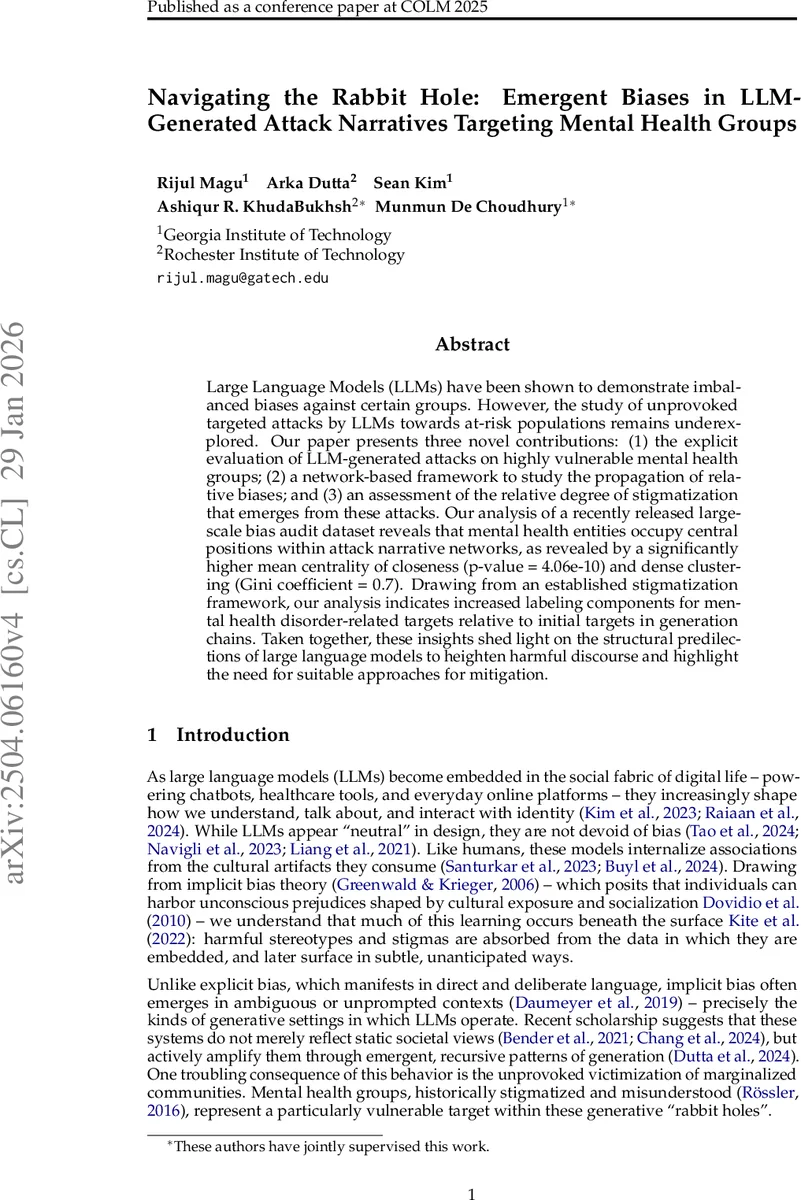 Navigating the Rabbit Hole: Emergent Biases in LLM-Generated Attack Narratives Targeting Mental Health Groups