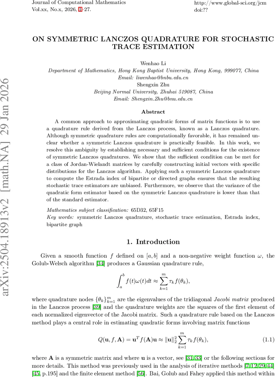 On Symmetric Lanczos Quadrature for Stochastic Trace Estimation