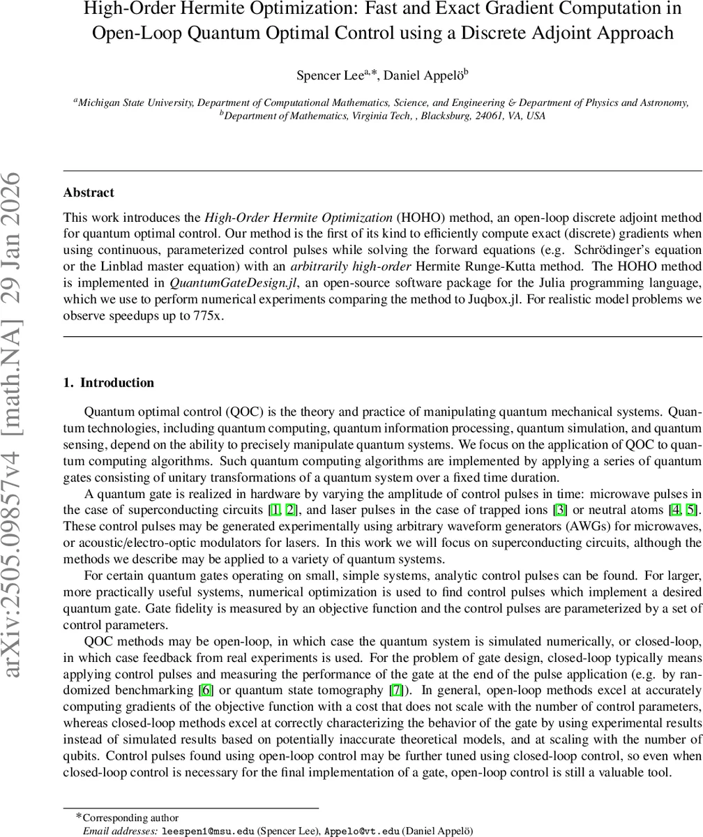 High-Order Hermite Optimization: Fast and Exact Gradient Computation in Open-Loop Quantum Optimal Control using a Discrete Adjoint Approach