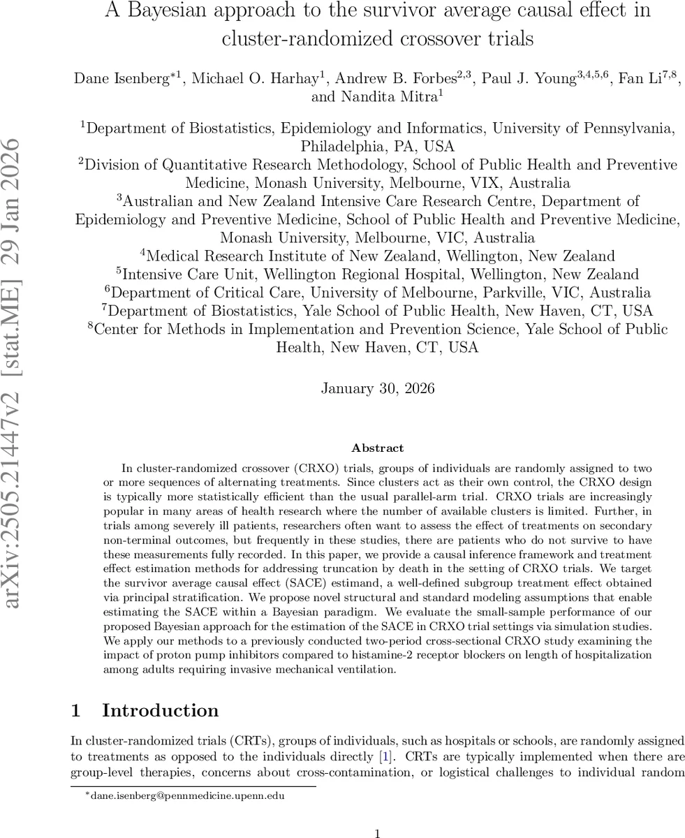 A Bayesian approach to the survivor average causal effect in cluster-randomized crossover trials