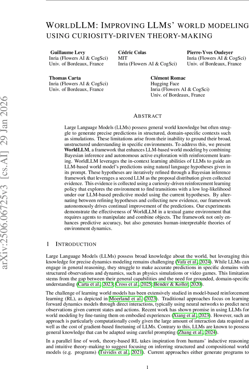 WorldLLM: Improving LLMs' world modeling using curiosity-driven theory-making