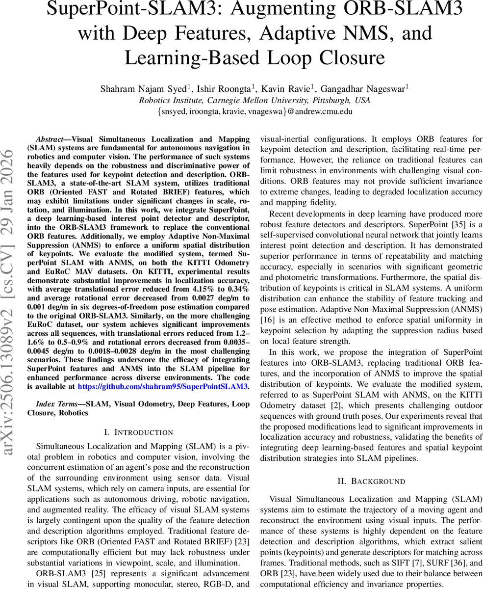 SuperPoint-SLAM3: Augmenting ORB-SLAM3 with Deep Features, Adaptive NMS, and Learning-Based Loop Closure