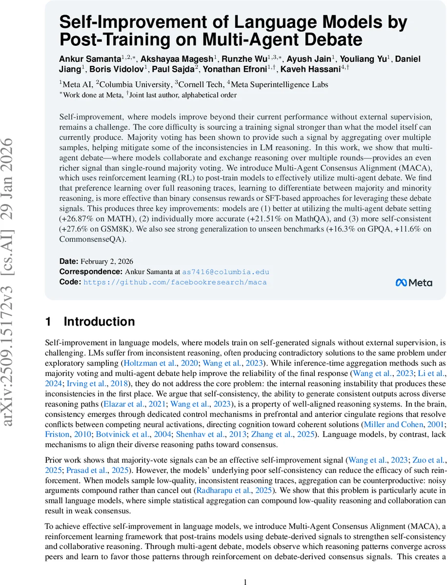 Self-Improvement of Language Models by Post-Training on Multi-Agent Debate