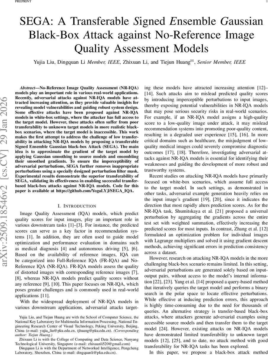 SEGA: A Transferable Signed Ensemble Gaussian Black-Box Attack against No-Reference Image Quality Assessment Models