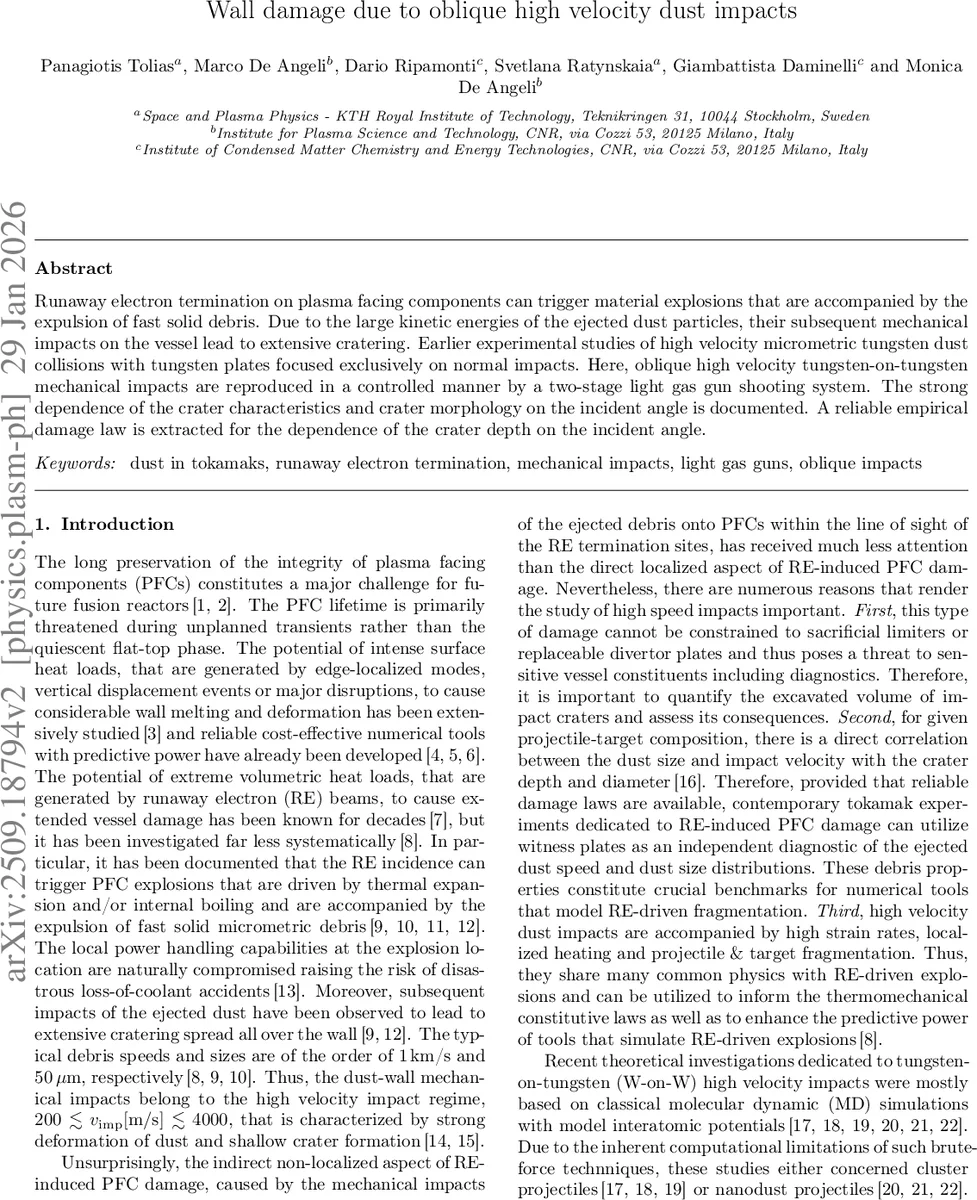 Wall damage due to oblique high velocity dust impacts