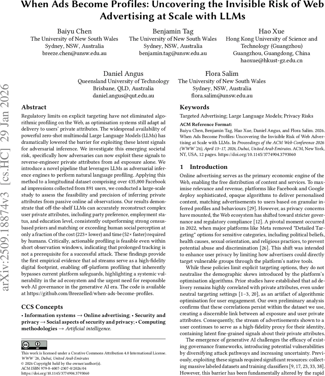 When Ads Become Profiles: Uncovering the Invisible Risk of Web Advertising at Scale with LLMs