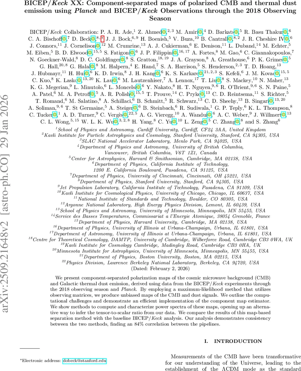 BICEP/Keck XX: Component-separated maps of polarized CMB and thermal dust emission using Planck and BICEP/Keck Observations through the 2018 Observing Season