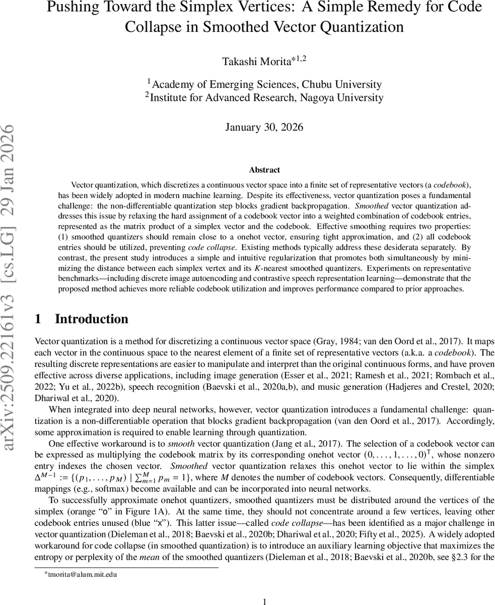 Pushing Toward the Simplex Vertices: A Simple Remedy for Code Collapse in Smoothed Vector Quantization