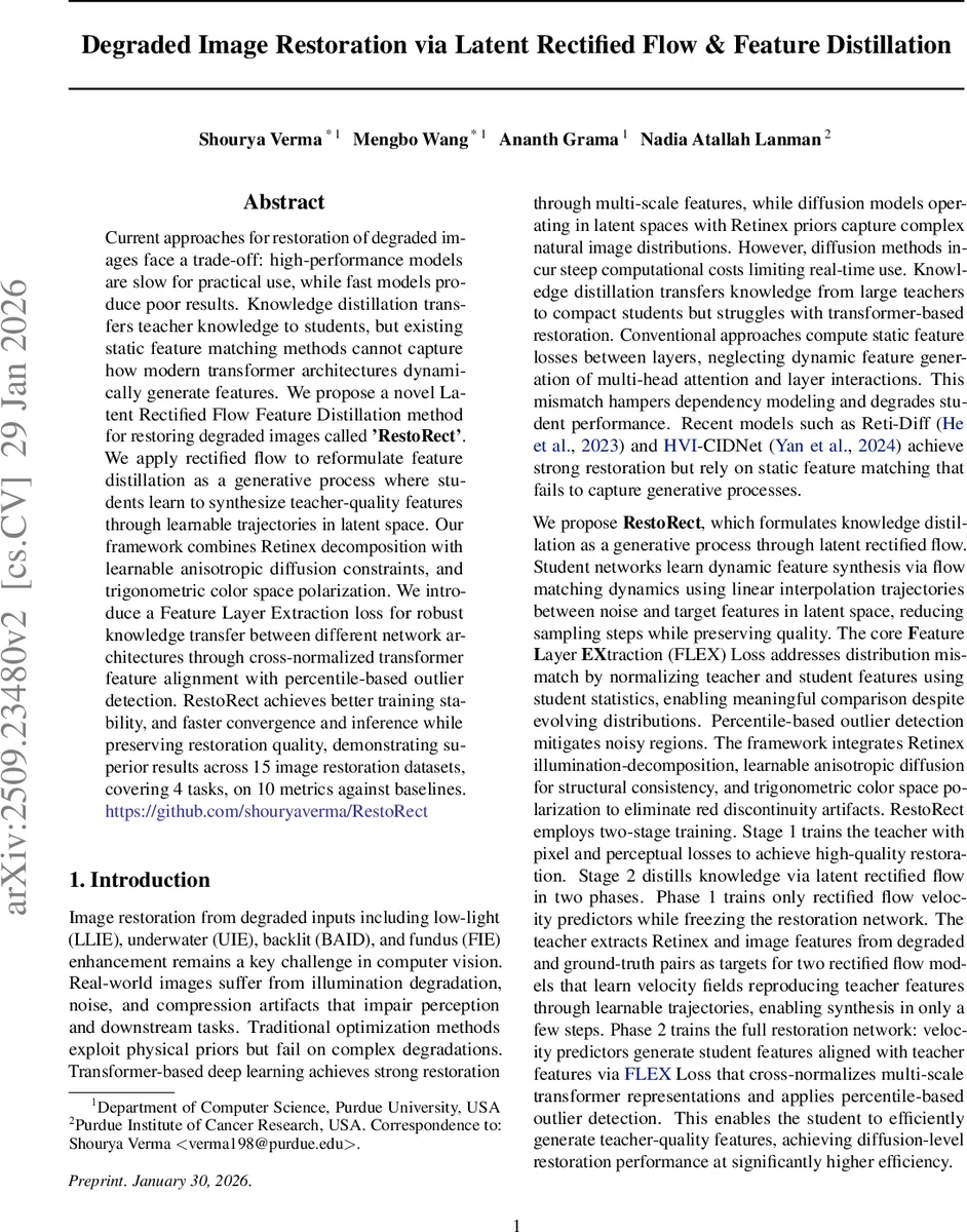 RestoRect: Degraded Image Restoration via Latent Rectified Flow & Feature Distillation