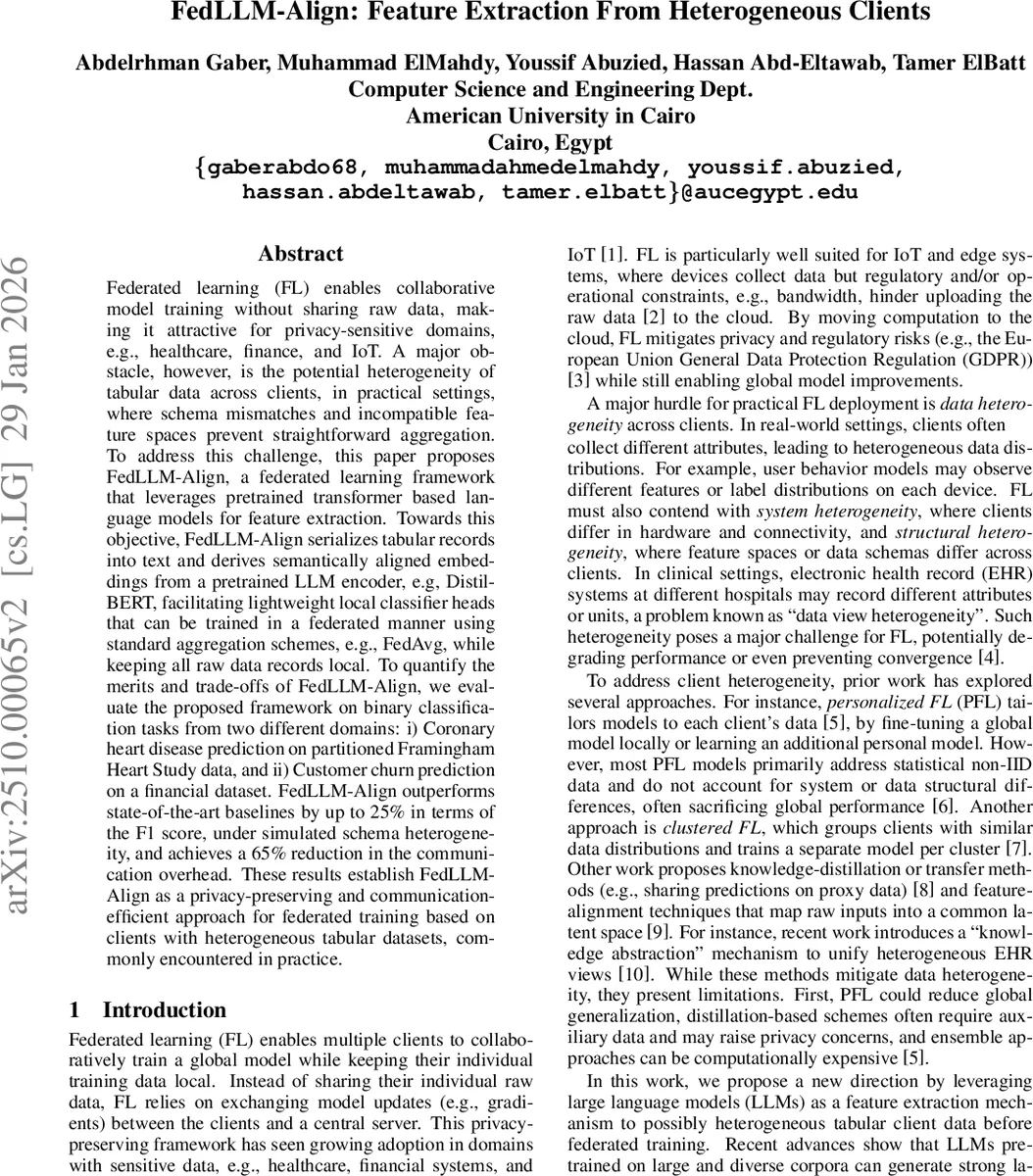 FedLLM-Align: Feature Extraction From Heterogeneous Clients