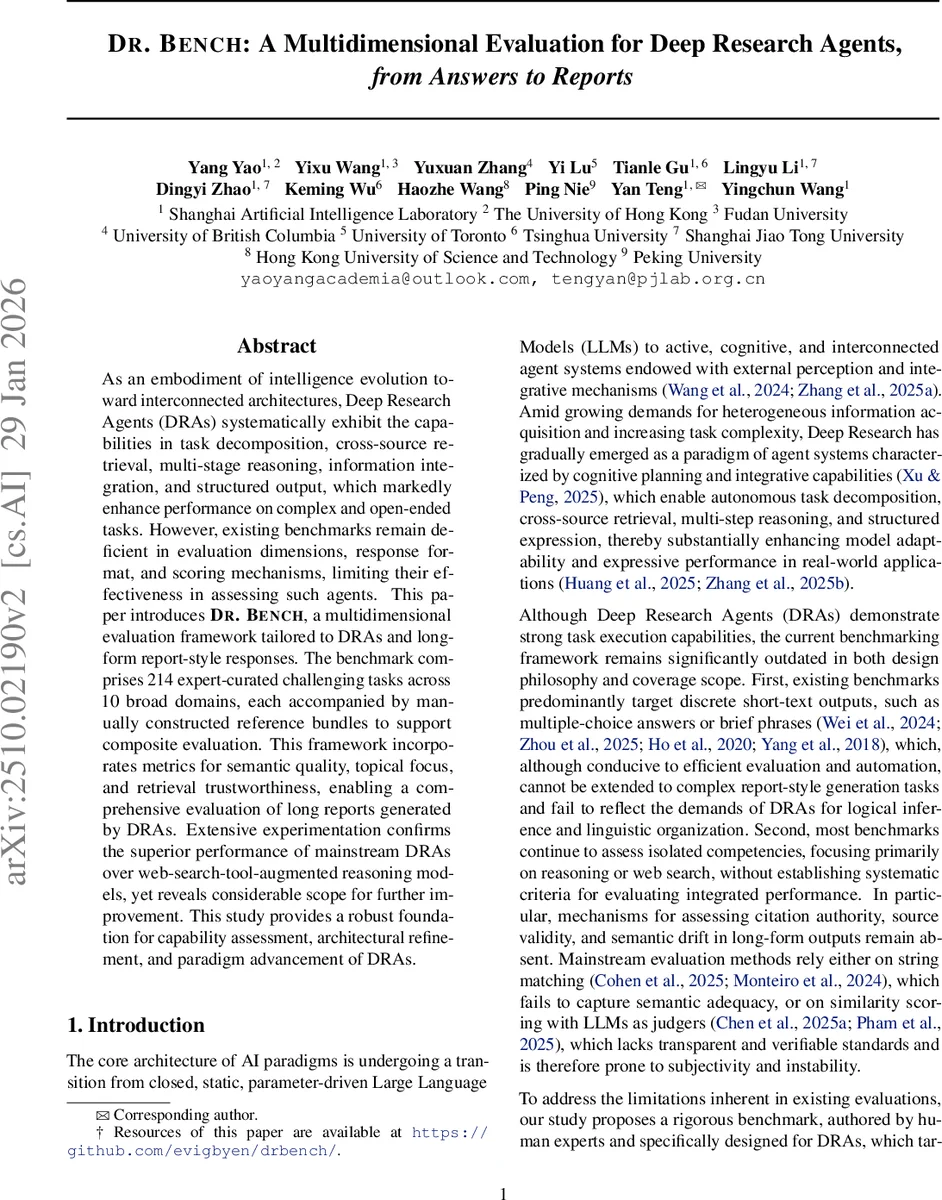 Dr. Bench: A Multidimensional Evaluation for Deep Research Agents, from Answers to Reports