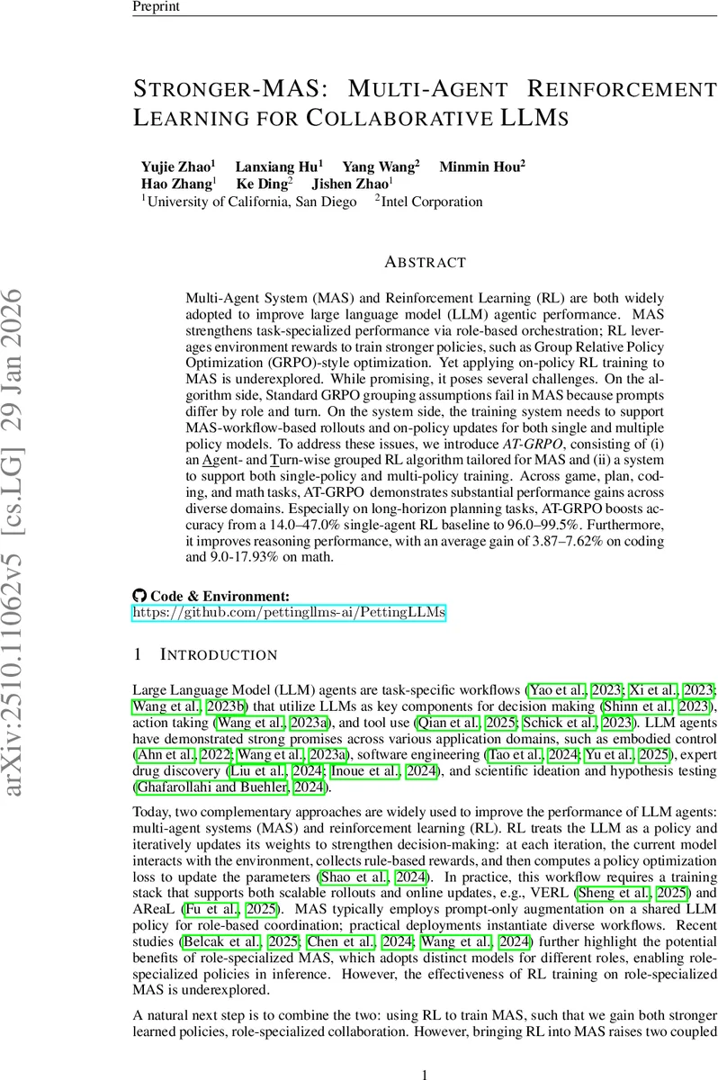 Stronger-MAS: Multi-Agent Reinforcement Learning for Collaborative LLMs