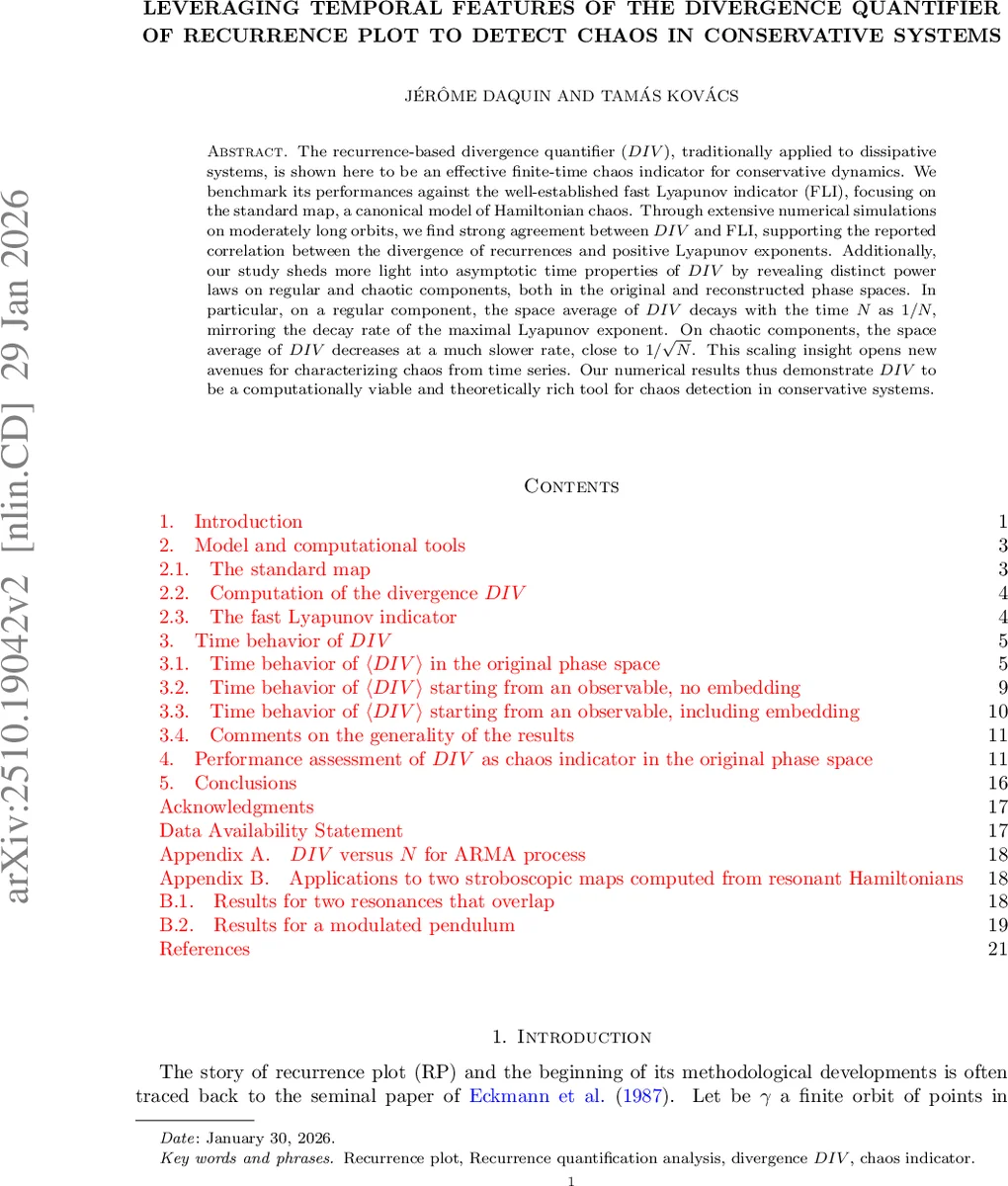 Leveraging temporal features of the divergence quantifier of recurrence plot to detect chaos in conservative systems