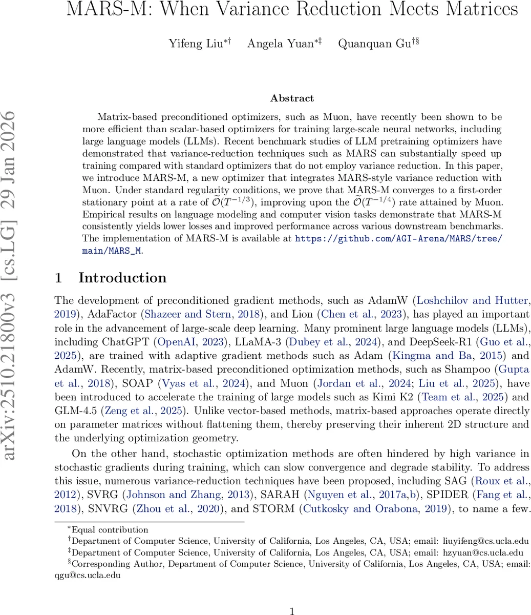 MARS-M: When Variance Reduction Meets Matrices