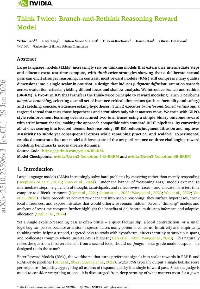 Think Twice: Branch-and-Rethink Reasoning Reward Model