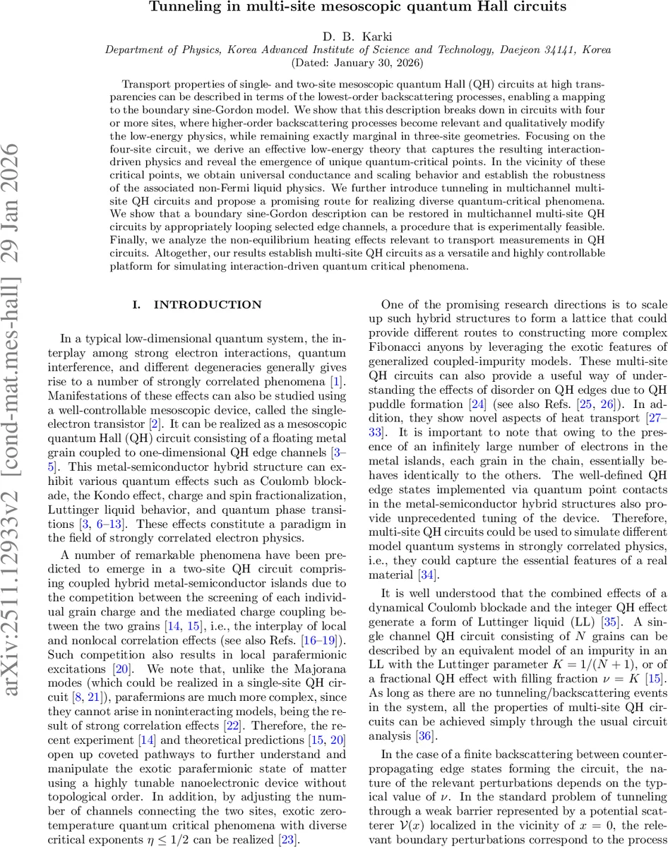 Tunneling in multi-site mesoscopic quantum Hall circuits