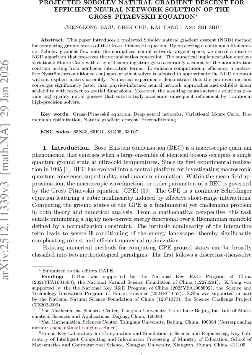 Projected Sobolev Natural Gradient Descent for Efficient Neural Network Solution of the Gross-Pitaevskii Equation