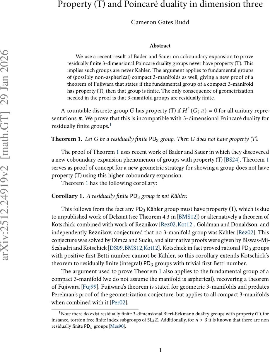 Property (T) and Poincaré duality in dimension three