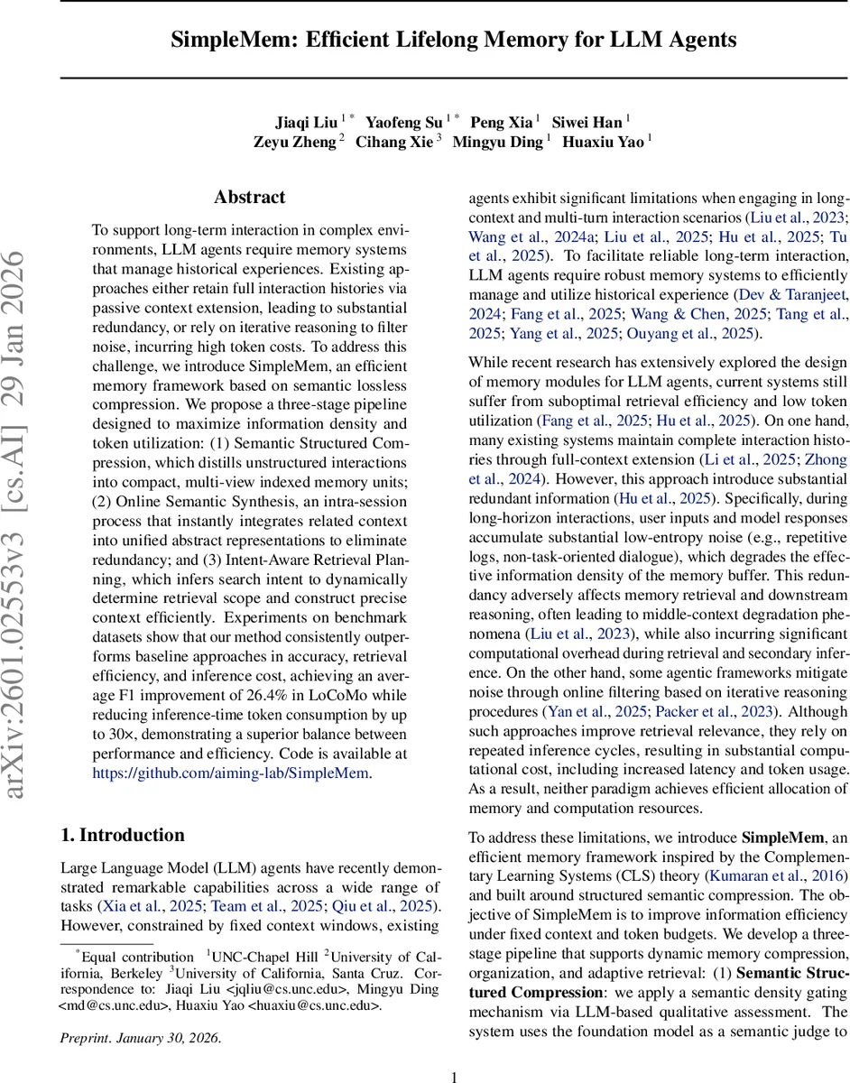 SimpleMem: Efficient Lifelong Memory for LLM Agents