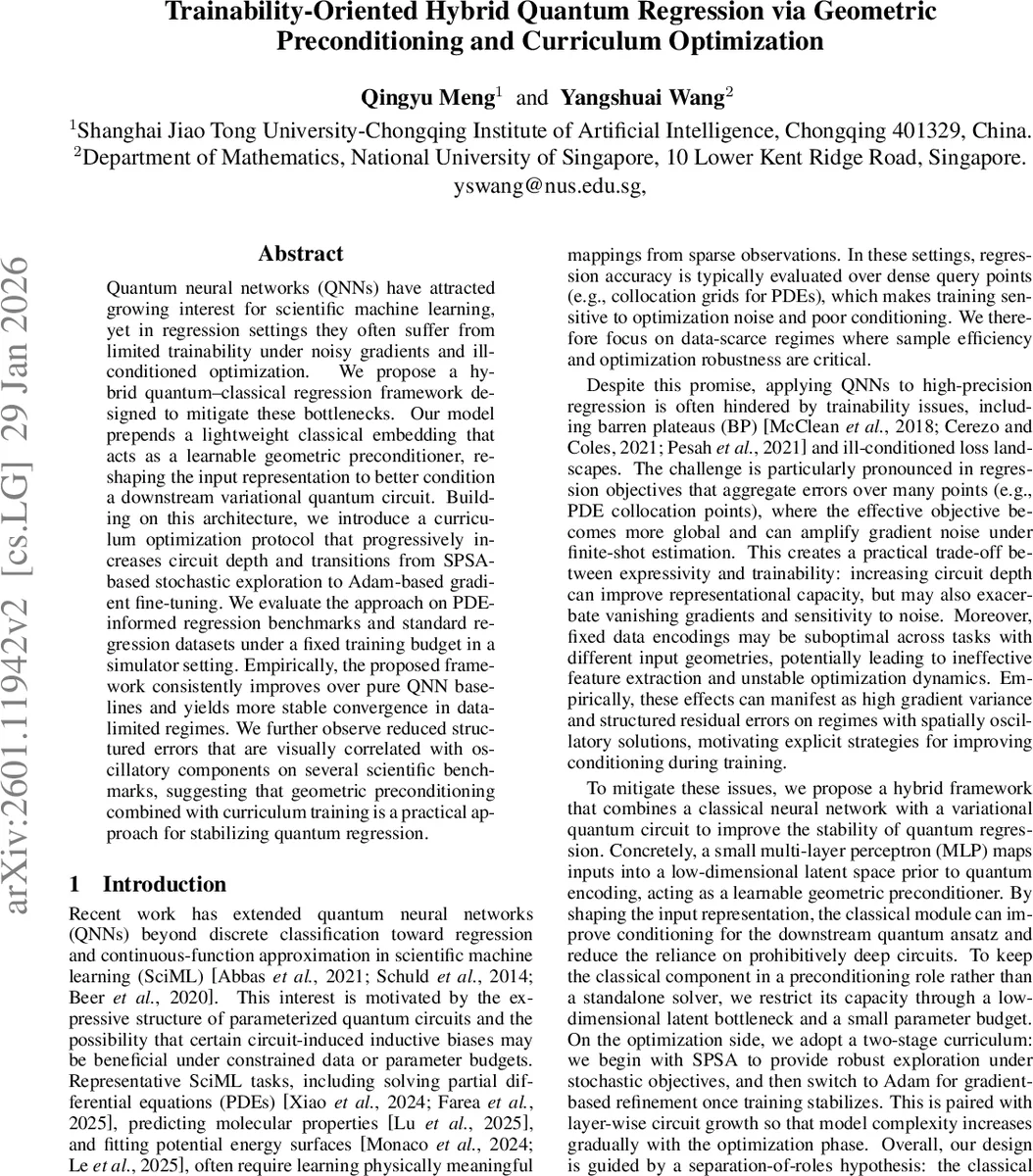Trainability-Oriented Hybrid Quantum Regression via Geometric Preconditioning and Curriculum Optimization