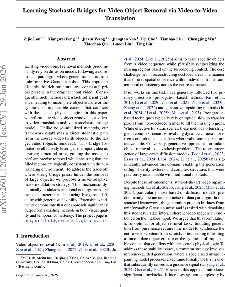 Learning Stochastic Bridges for Video Object Removal via Video-to-Video Translation