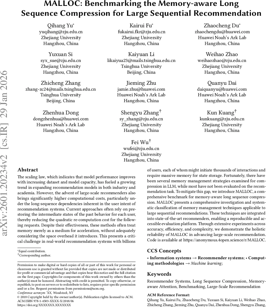 MALLOC: Benchmarking the Memory-aware Long Sequence Compression for Large Sequential Recommendation
