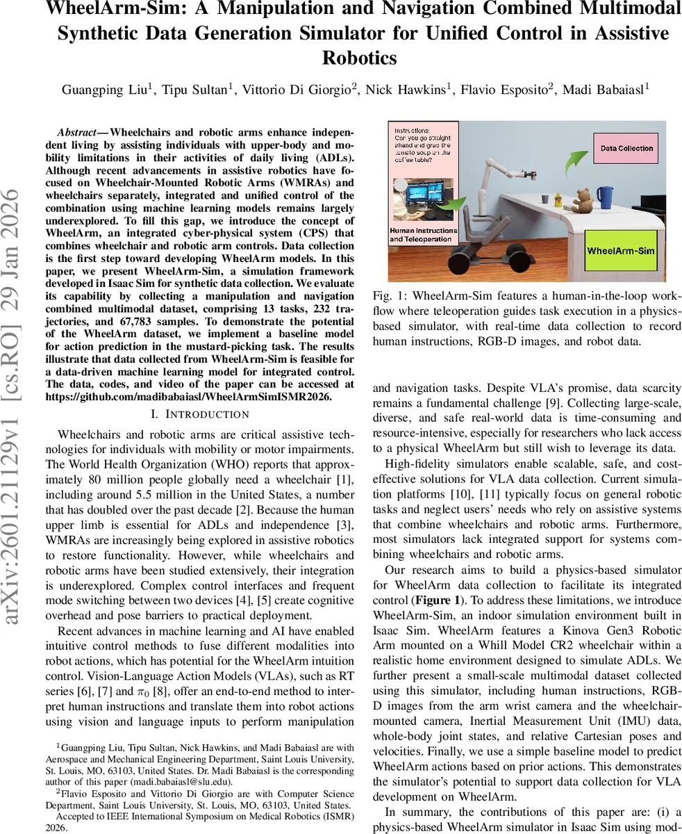 WheelArm-Sim: A Manipulation and Navigation Combined Multimodal Synthetic Data Generation Simulator for Unified Control in Assistive Robotics