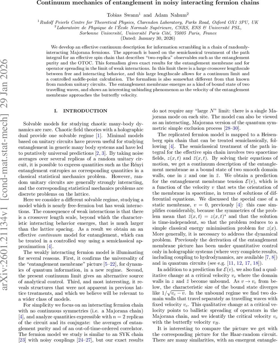 Continuum mechanics of entanglement in noisy interacting fermion chains