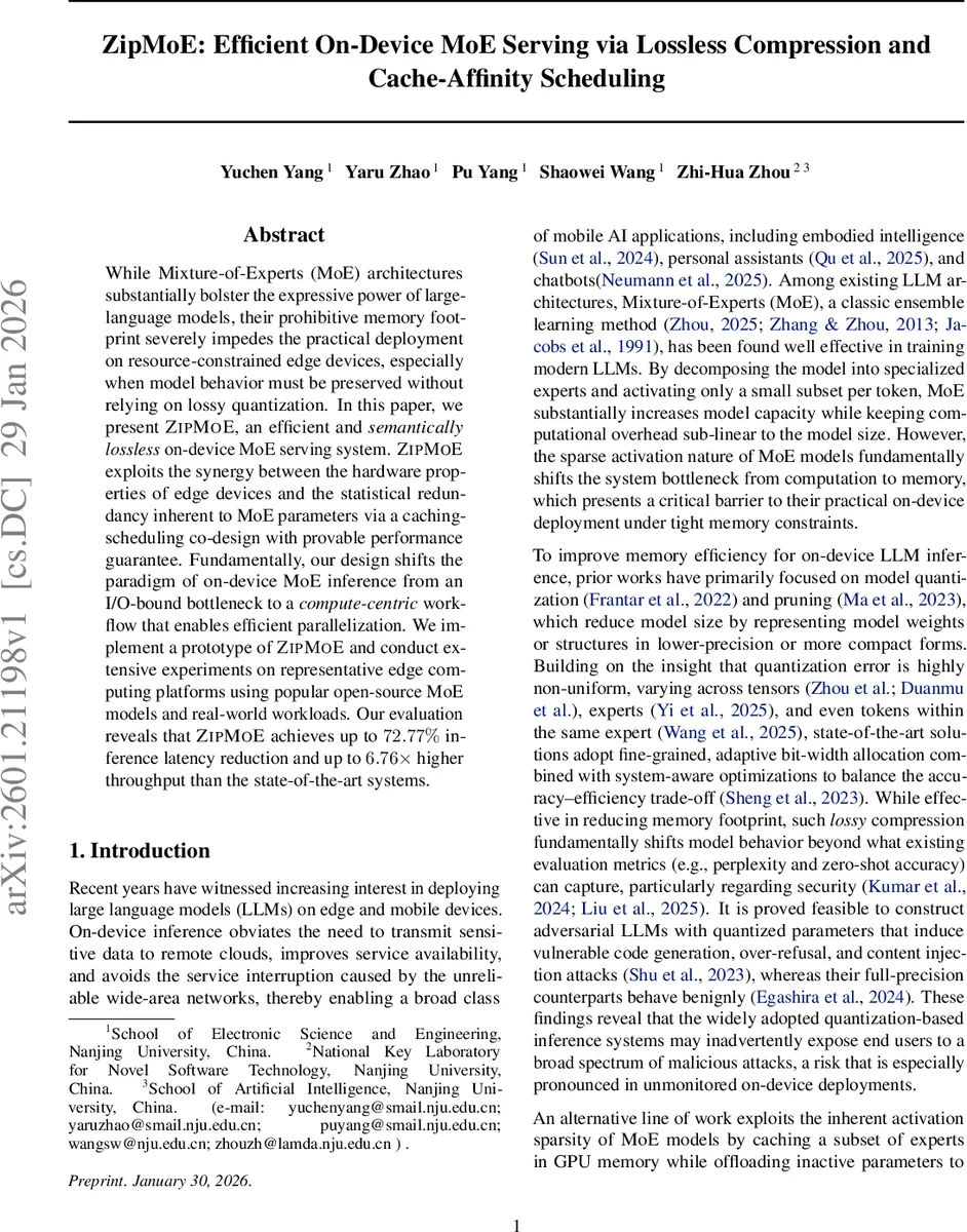 ZipMoE: Efficient On-Device MoE Serving via Lossless Compression and Cache-Affinity Scheduling