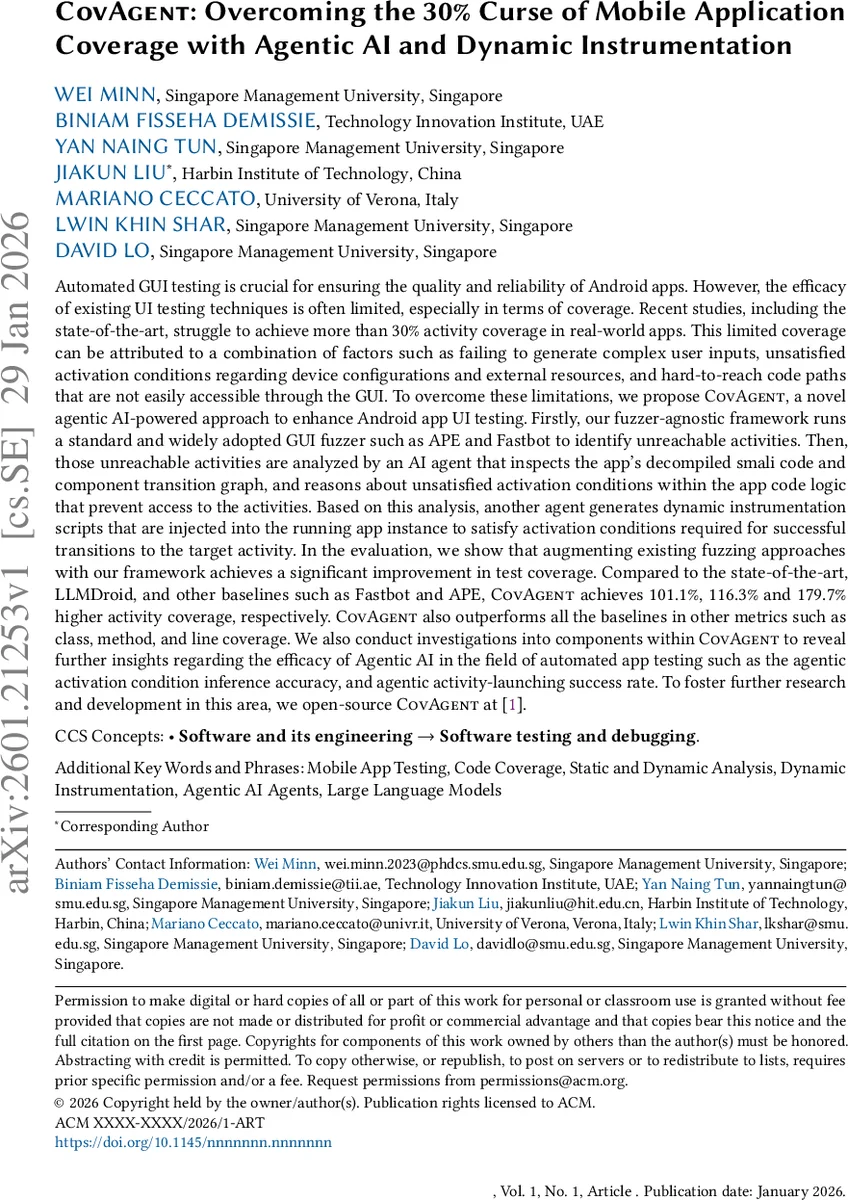 CovAgent: Overcoming the 30% Curse of Mobile Application Coverage with Agentic AI and Dynamic Instrumentation