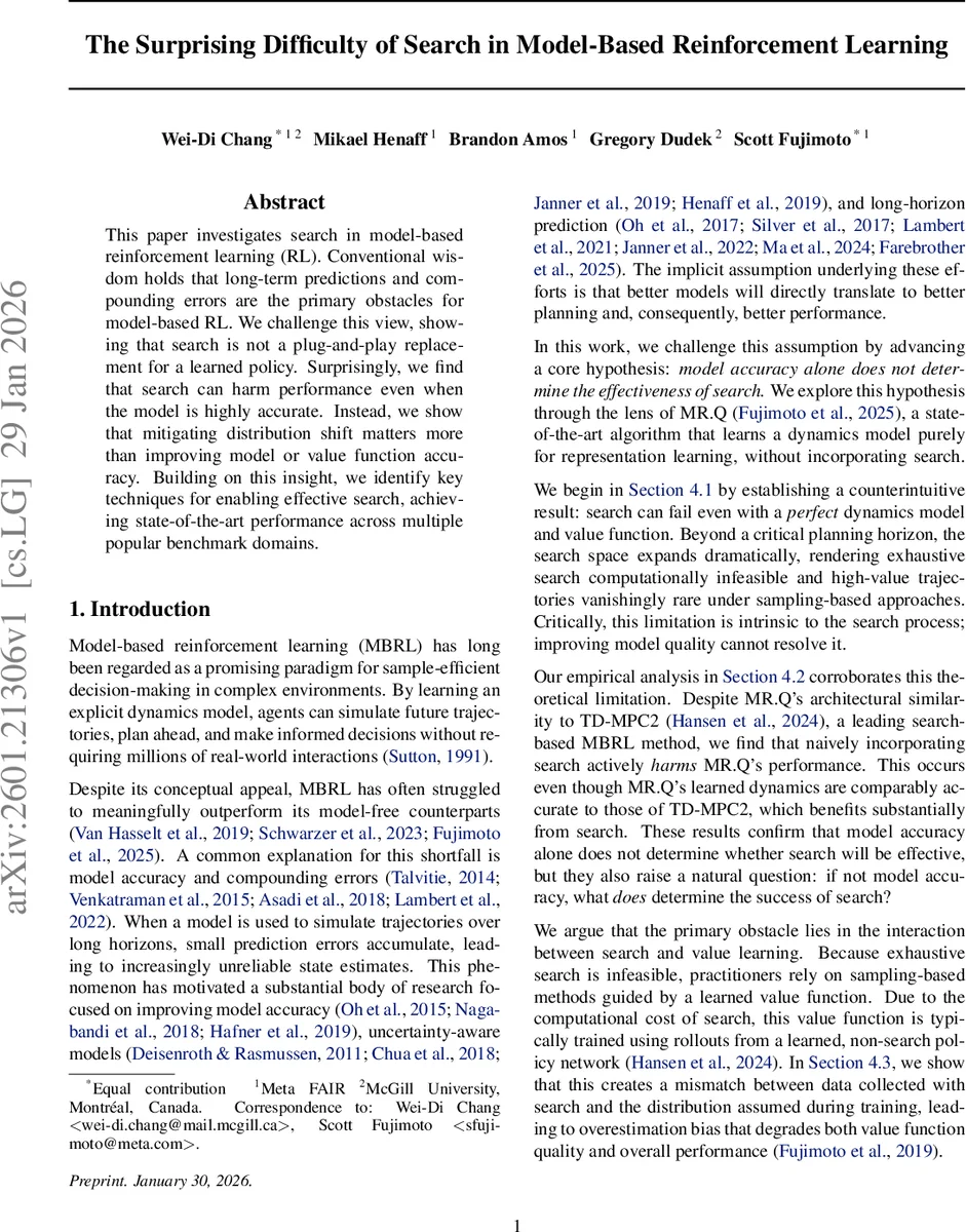 The Surprising Difficulty of Search in Model-Based Reinforcement Learning