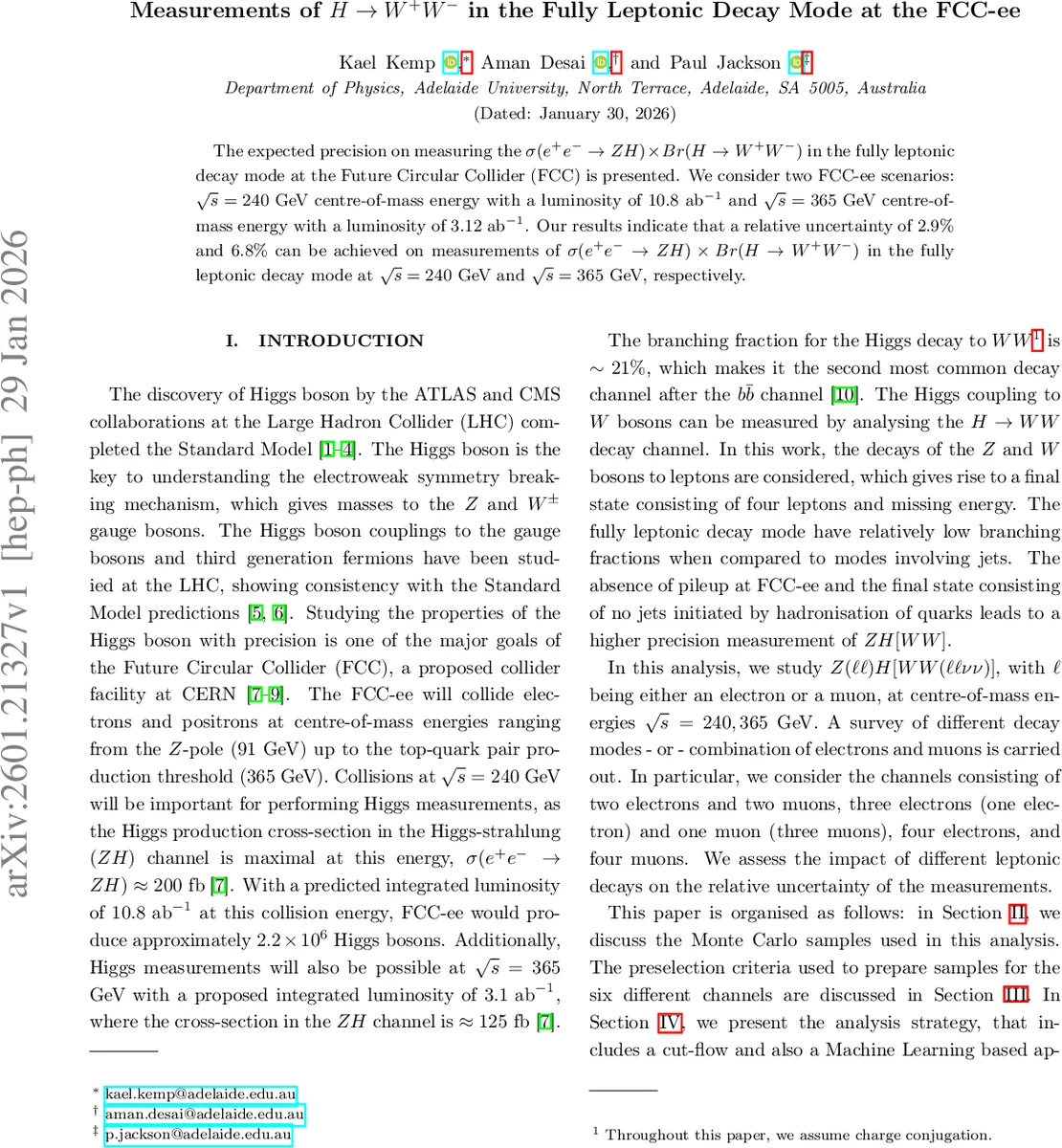 Measurements of $Hightarrow W^+W^-$ in the Fully Leptonic Decay Mode at the FCC-ee