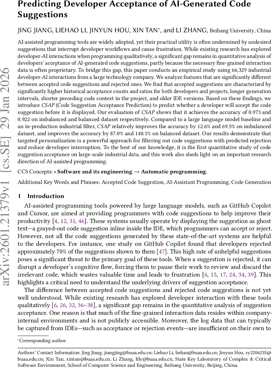 Predicting Developer Acceptance of AI-Generated Code Suggestions