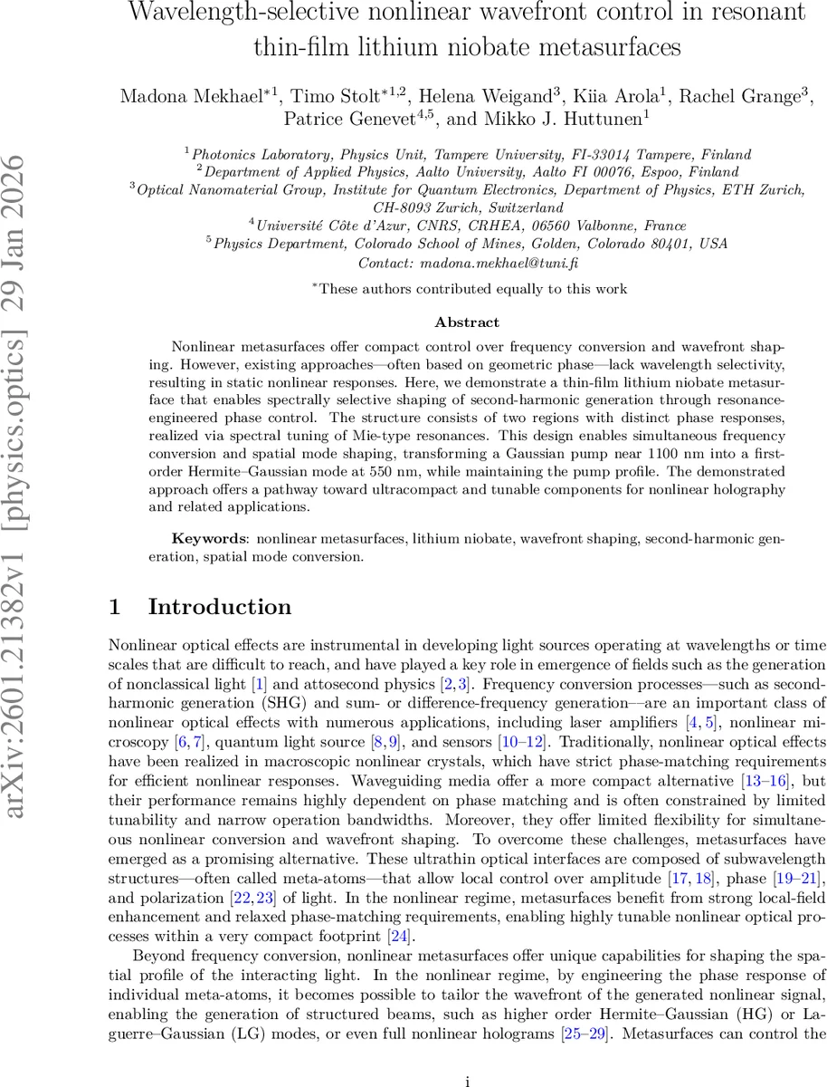 Wavelength-selective nonlinear wavefront control in resonant thin-film lithium niobate metasurfaces