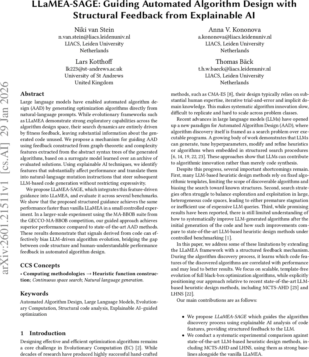 LLaMEA-SAGE: Guiding Automated Algorithm Design with Structural Feedback from Explainable AI