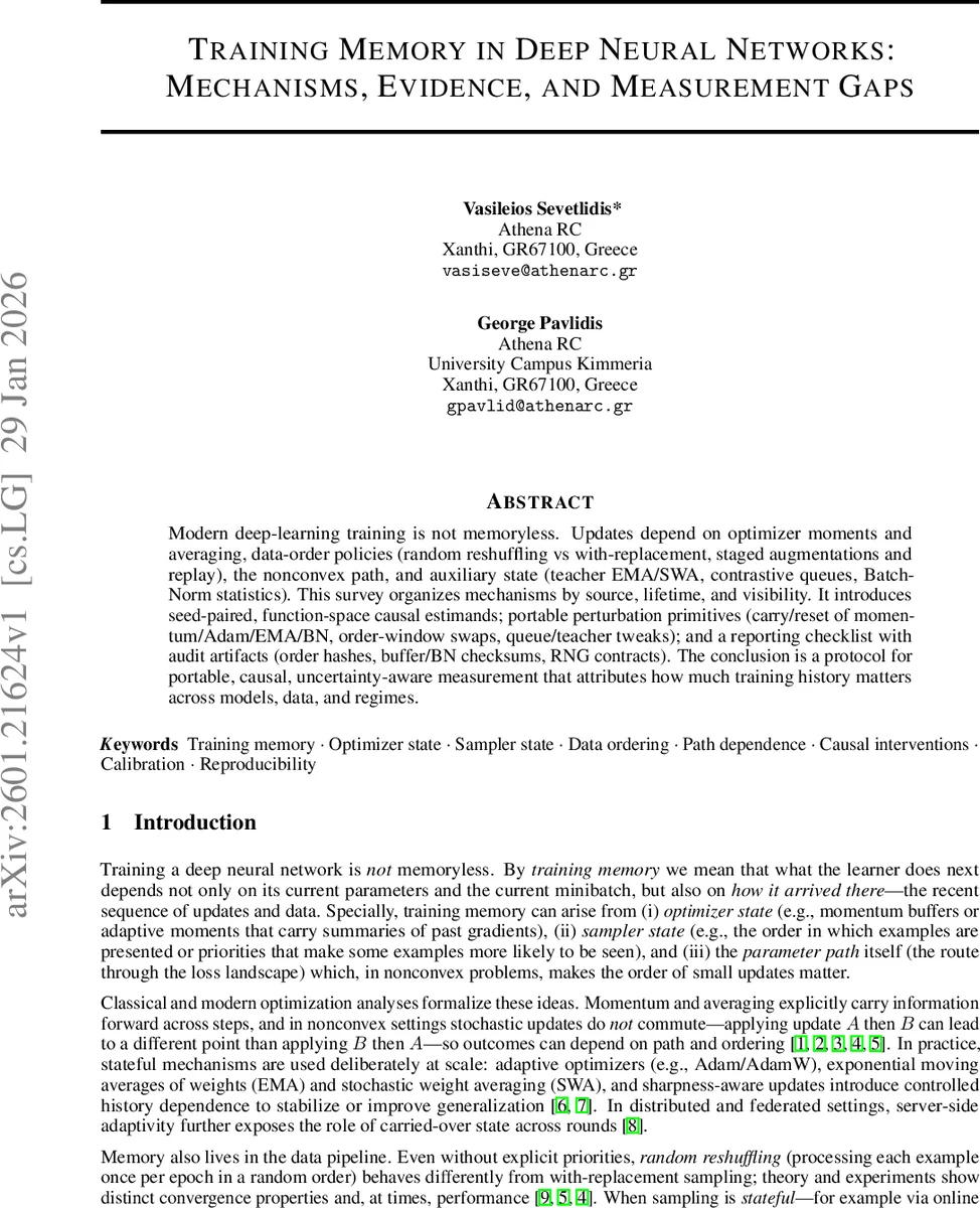 Training Memory in Deep Neural Networks: Mechanisms, Evidence, and Measurement Gaps