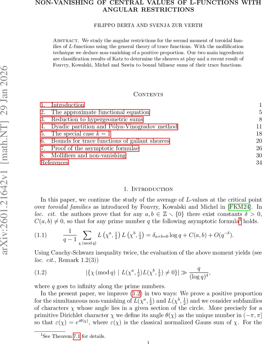 Non-vanishing of central values of L-functions with angular restrictions