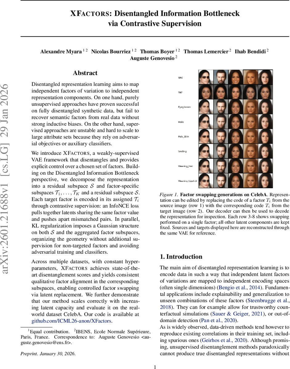 XFACTORS: Disentangled Information Bottleneck via Contrastive Supervision
