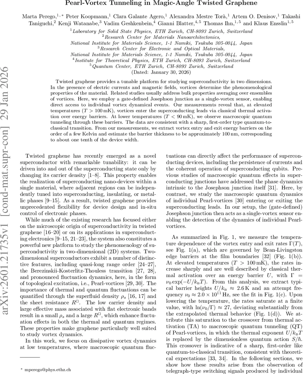 Pearl-Vortex Tunneling in Magic-Angle Twisted Graphene