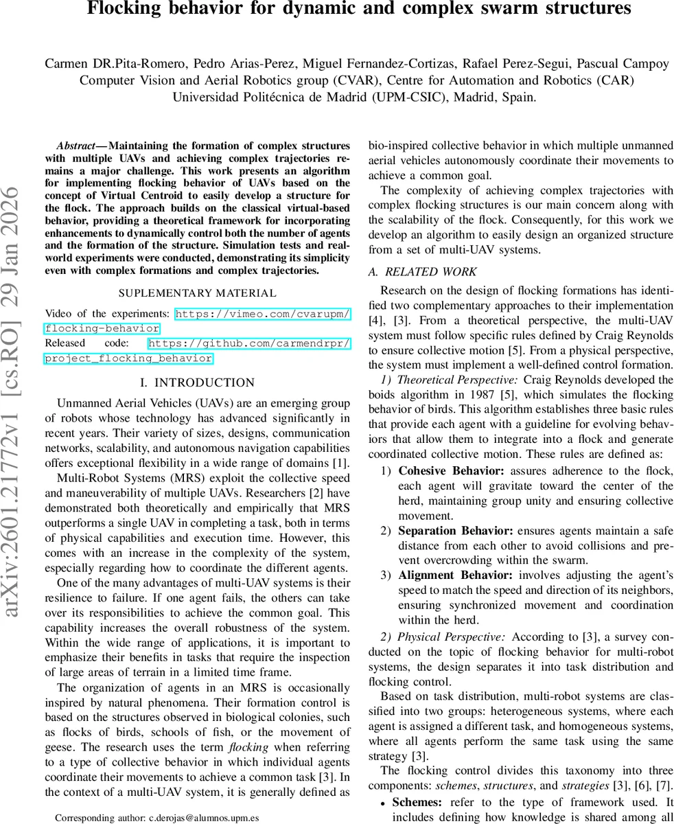 Flocking behavior for dynamic and complex swarm structures