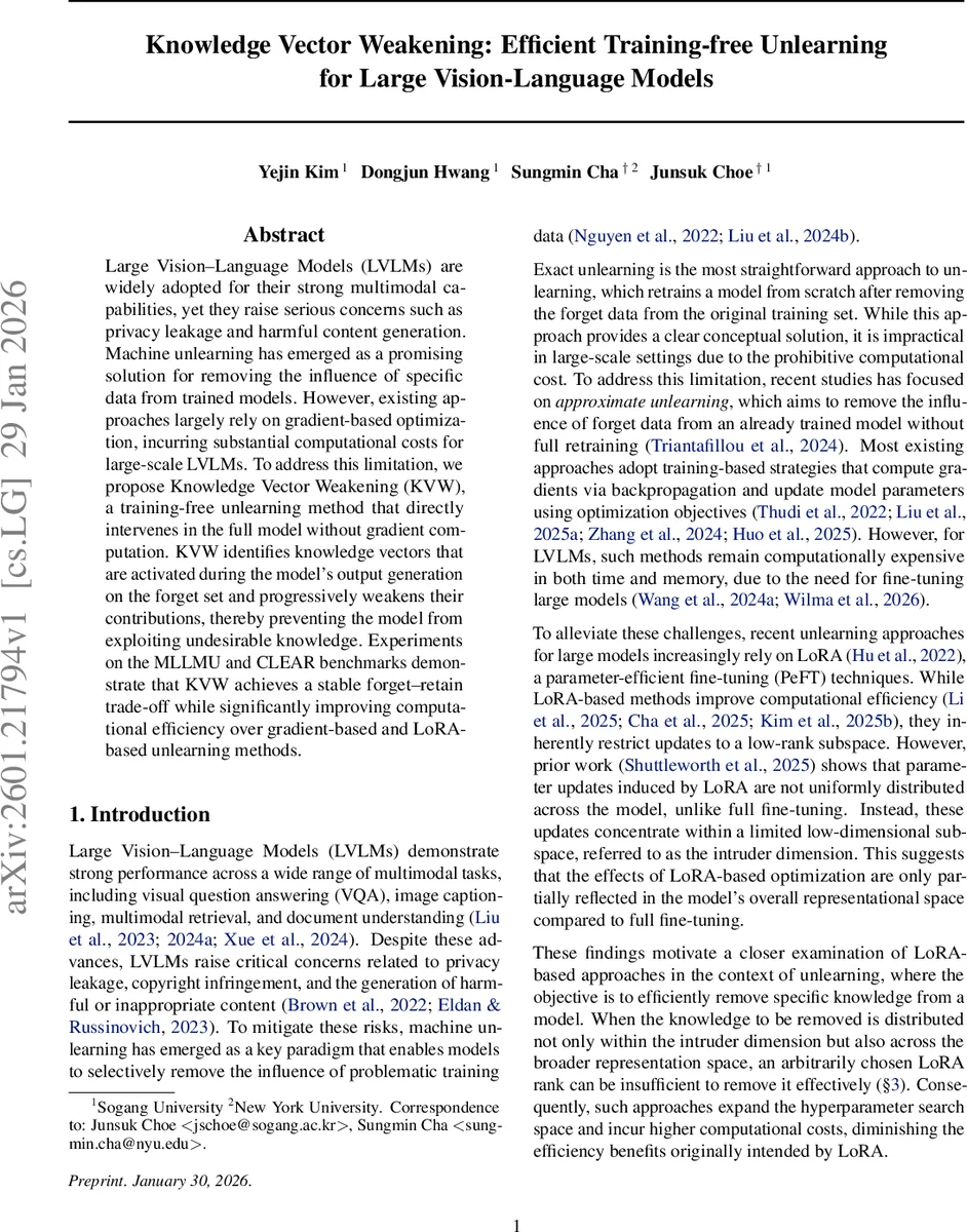 Knowledge Vector Weakening: Efficient Training-free Unlearning for Large Vision-Language Models