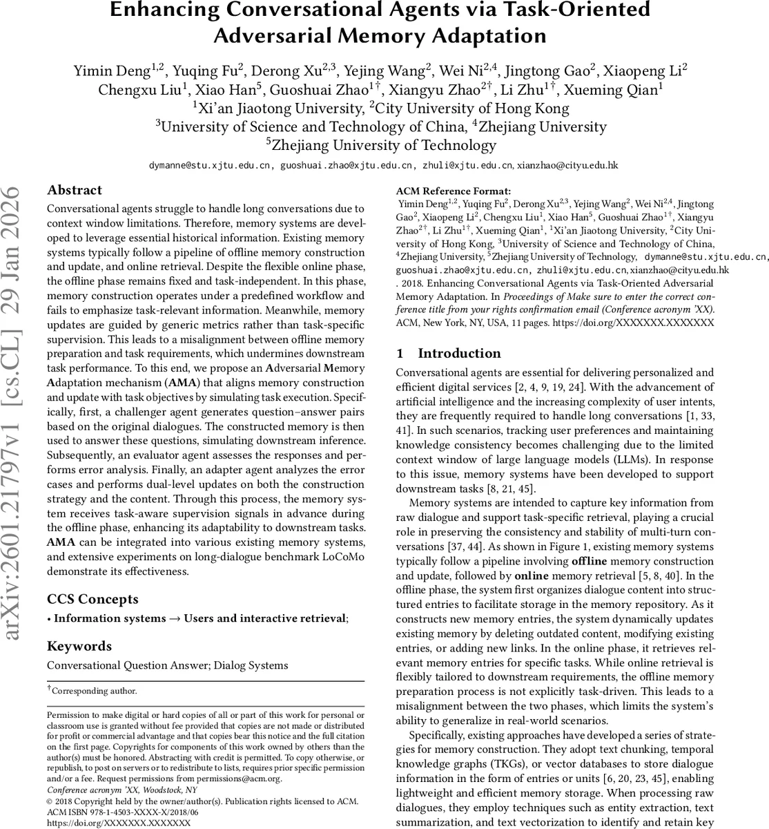 Enhancing Conversational Agents via Task-Oriented Adversarial Memory Adaptation