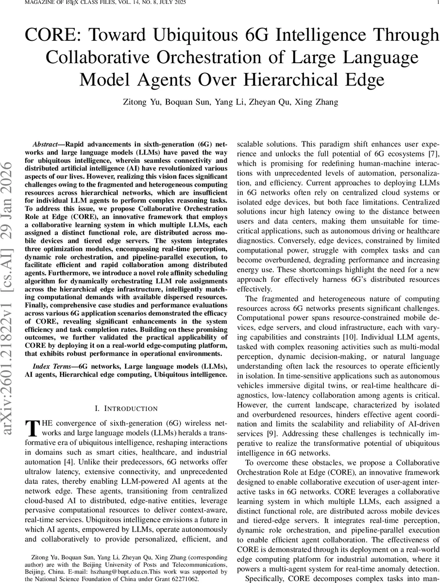 CORE:Toward Ubiquitous 6G Intelligence Through Collaborative Orchestration of Large Language Model Agents Over Hierarchical Edge