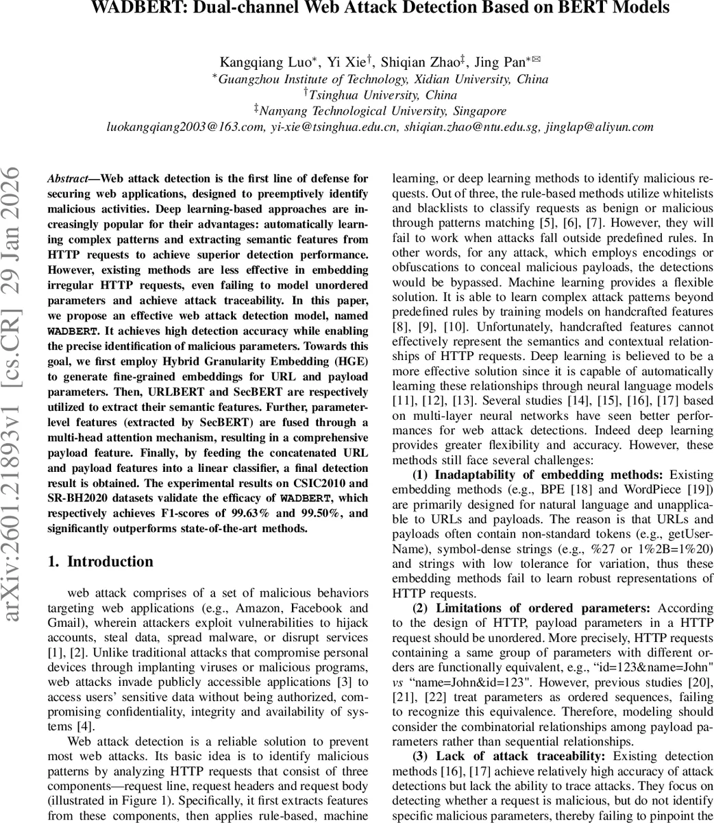 WADBERT: Dual-channel Web Attack Detection Based on BERT Models