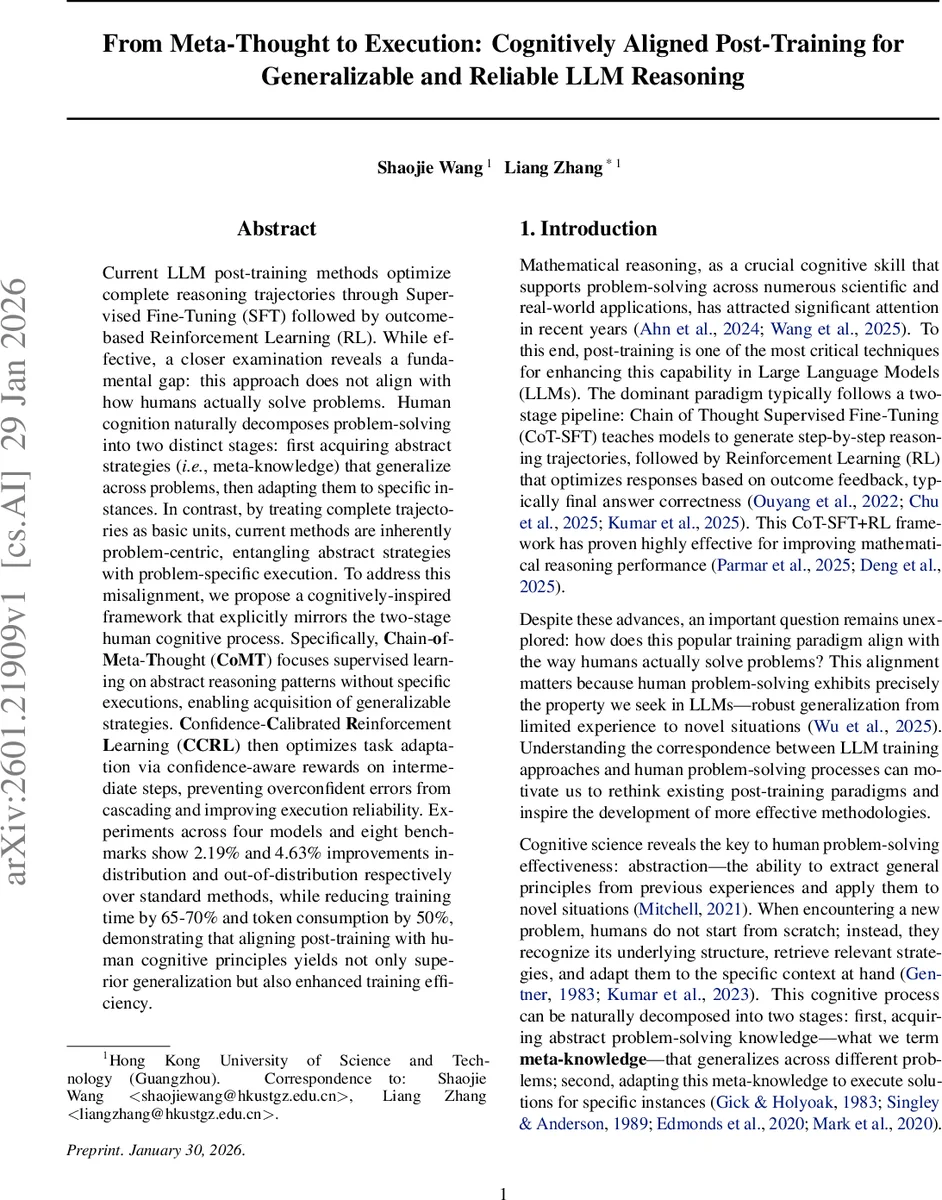 From Meta-Thought to Execution: Cognitively Aligned Post-Training for Generalizable and Reliable LLM Reasoning