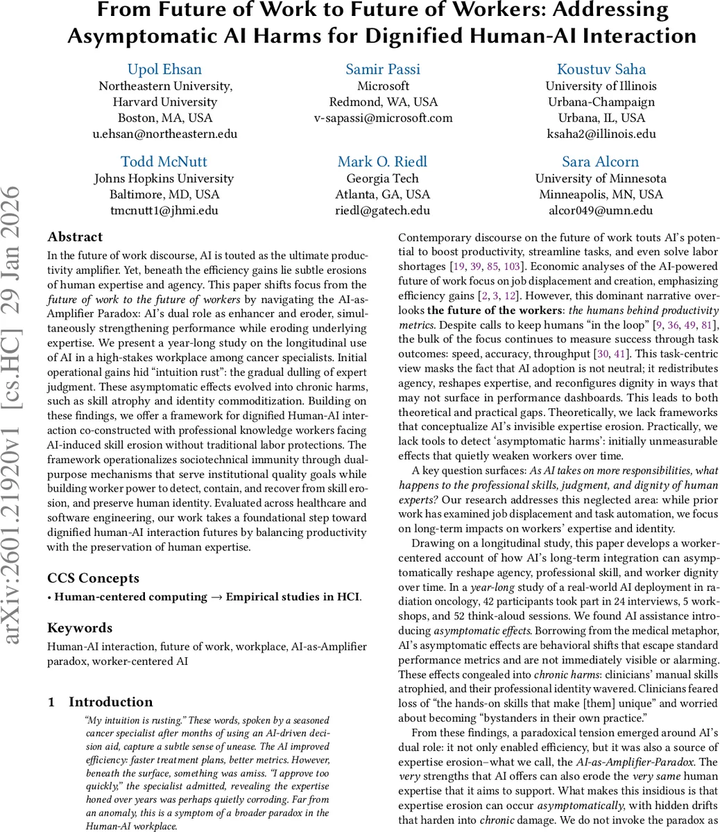 From Future of Work to Future of Workers: Addressing Asymptomatic AI Harms for Dignified Human-AI Interaction