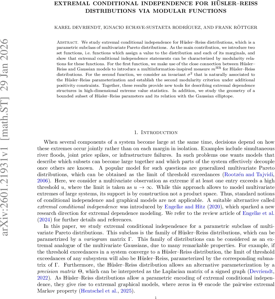 Extremal conditional independence for Hüsler-Reiss distributions via modular functions