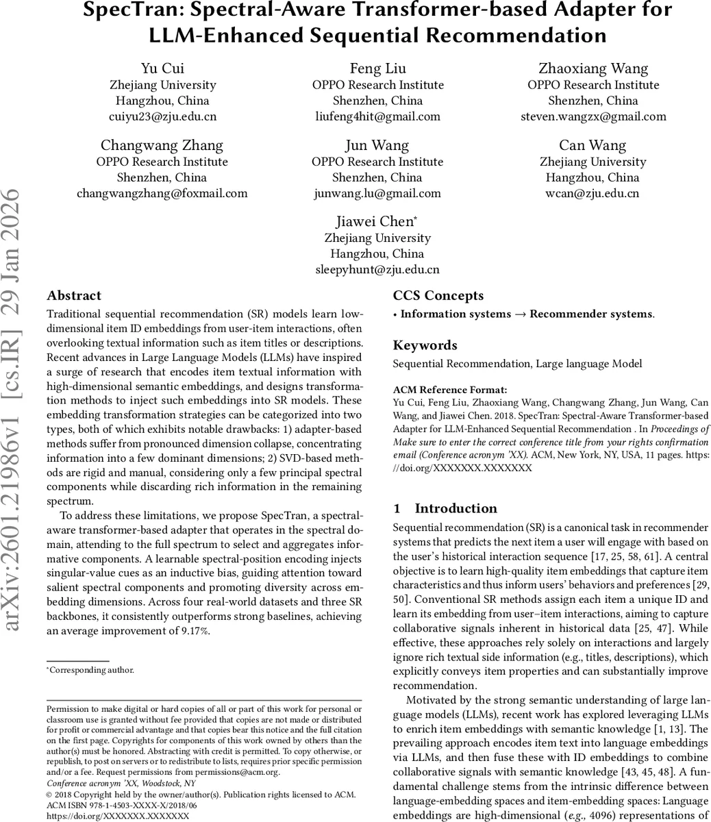 SpecTran: Spectral-Aware Transformer-based Adapter for LLM-Enhanced Sequential Recommendation