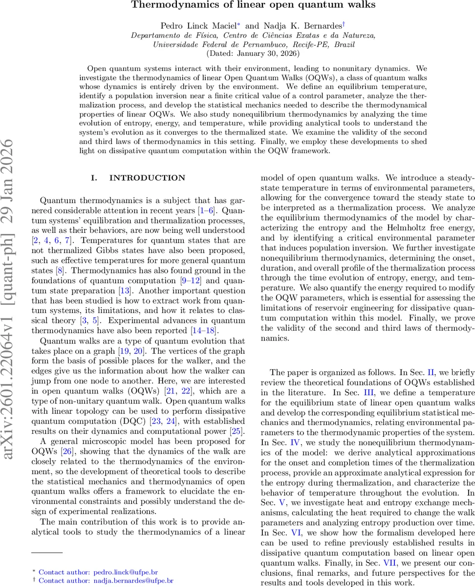 Thermodynamics of linear open quantum walks
