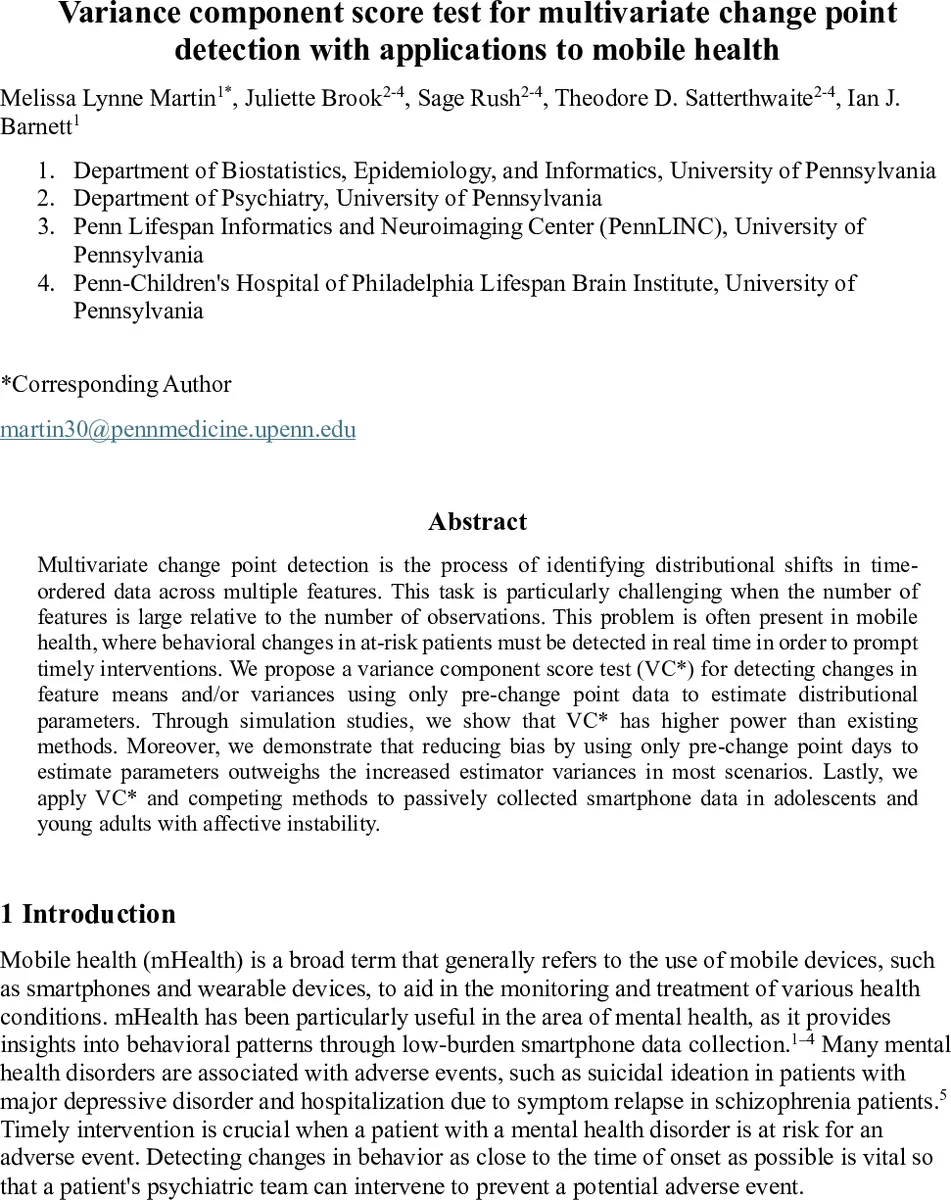 Variance component score test for multivariate change point detection with applications to mobile health